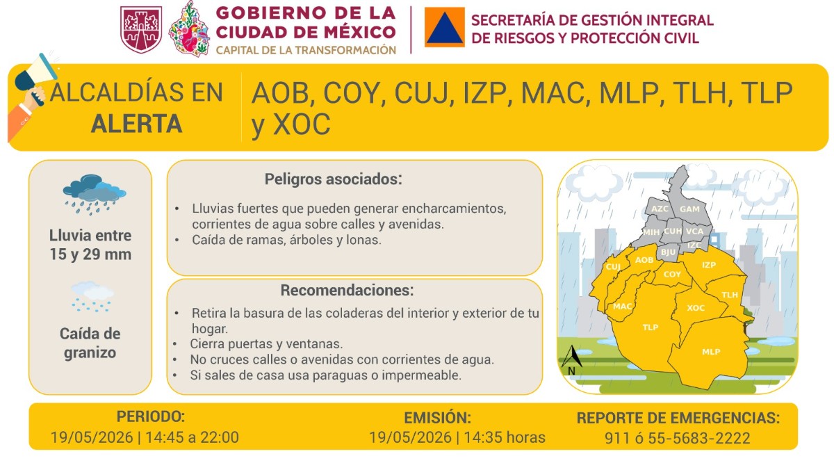 ACTIVAN ALERTA AMARILLA POR LLUVIAS FUERTES Y GRANIZO EN NUEVE ALCALDÍAS DE CDMX