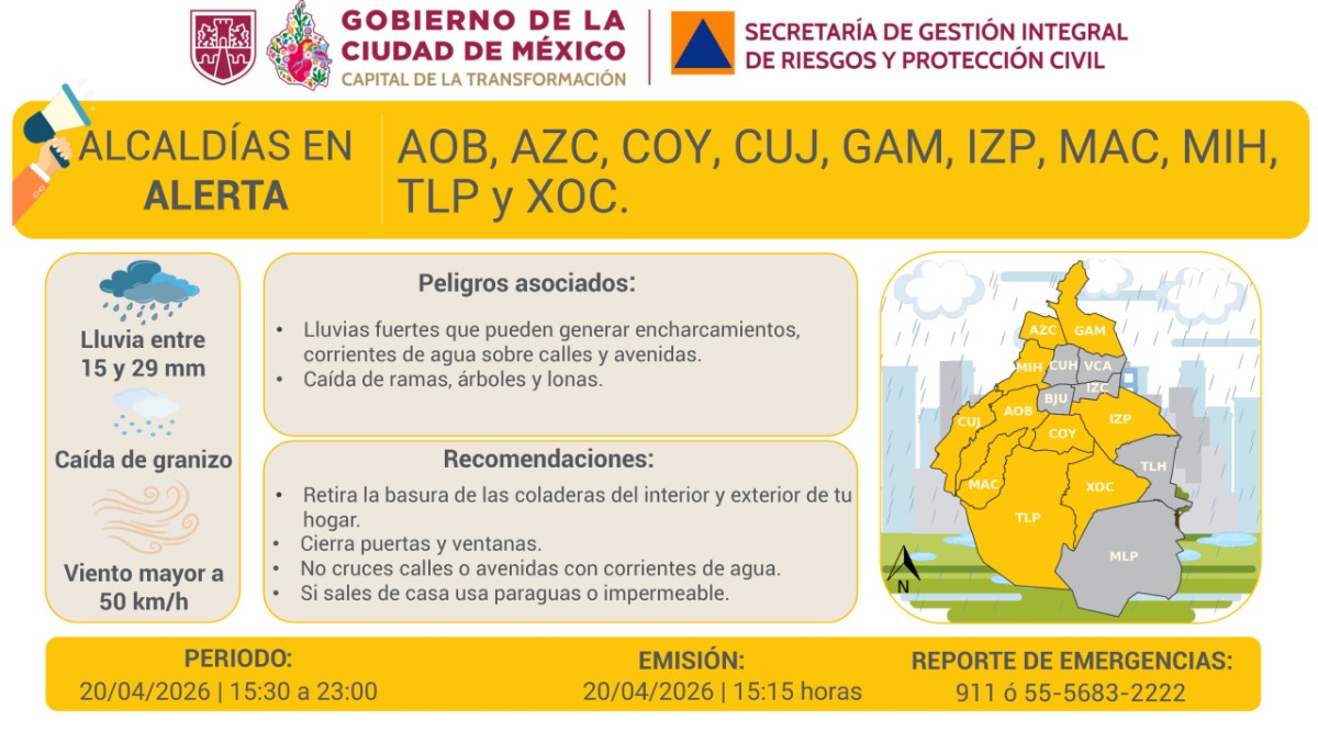 ACTIVAN ALERTA AMARILLA POR LLUVIAS Y GRANIZO EN 10 ALCALDÍAS DE CDMX