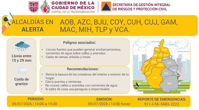 ALERTA AMARILLA: 11 ALCALDÍAS EN RIESGO POR TORMENTAS Y GRANIZO