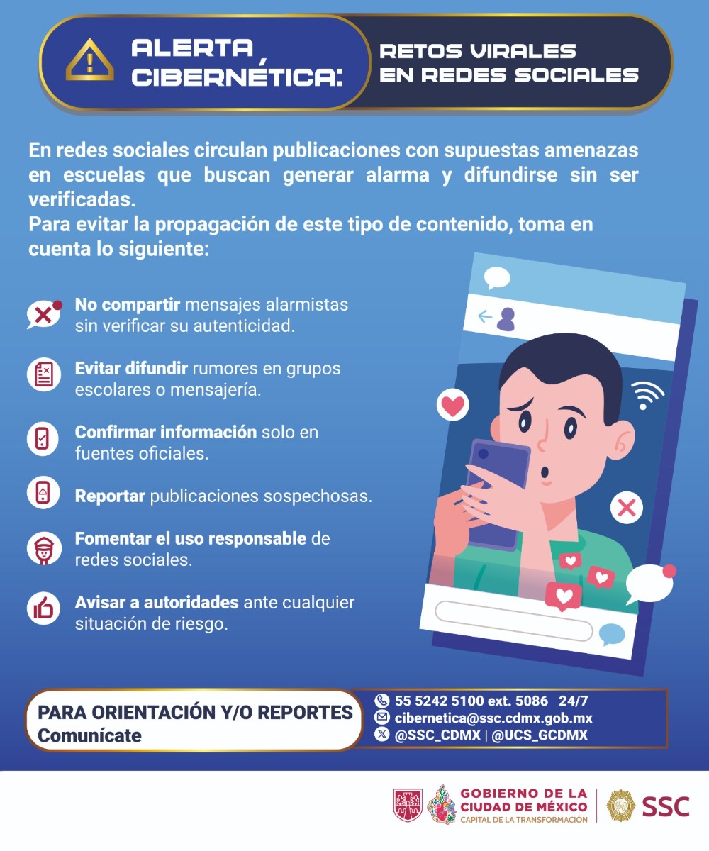 ALERTA SSC POR RETOS VIRALES QUE SIMULAN AMENAZAS EN ESCUELAS Y GENERAN PÁNICO