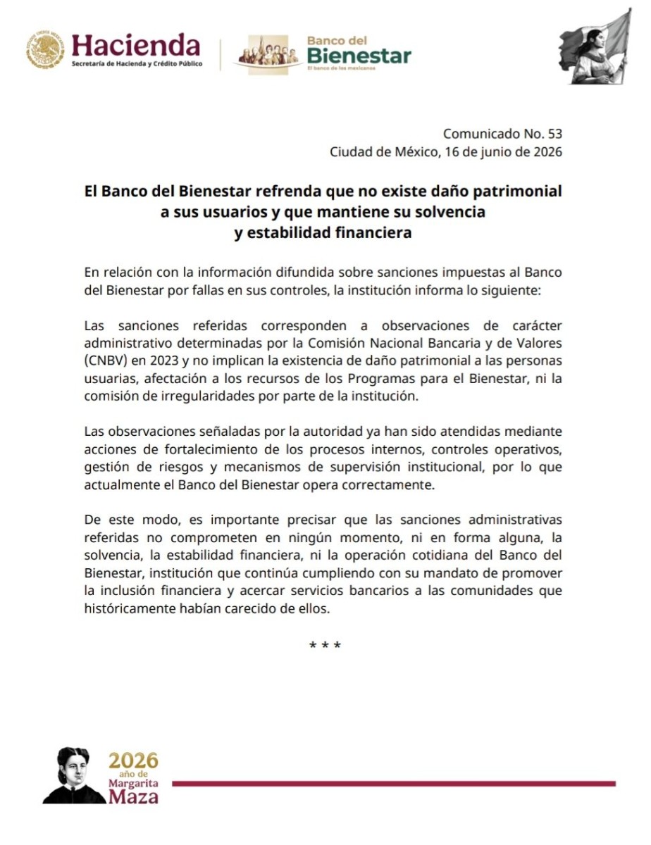 BANCO DEL BIENESTAR GARANTIZA SEGURIDAD Y SOLVENCIA TRAS SANCIONES DE LA CNBV