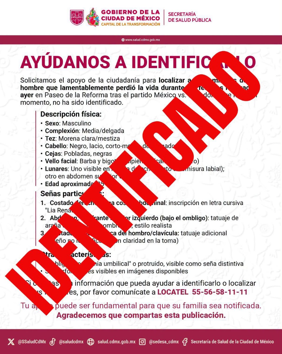 IDENTIFICAN A FALLECIDO POR FESTEJOS EN EL ÁNGEL DE LA INDEPENDENCIA