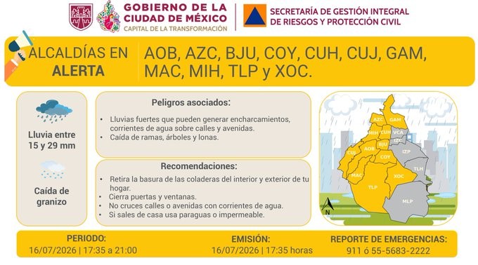PRECAUCIÓN EN LA CDMX: SE ACTIVA ALERTA AMARILLA POR TORMENTAS Y GRANIZO ESTE JUEVES