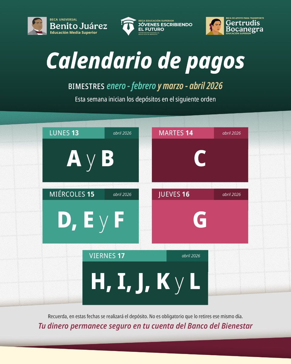 ¡TOMA NOTA! PUBLICAN CALENDARIO DE PAGOS DE BECAS BENITO JUÁREZ, JÓVENES ESCRIBIENDO EL FUTURO Y GERTRUDIS BOCANEGRA