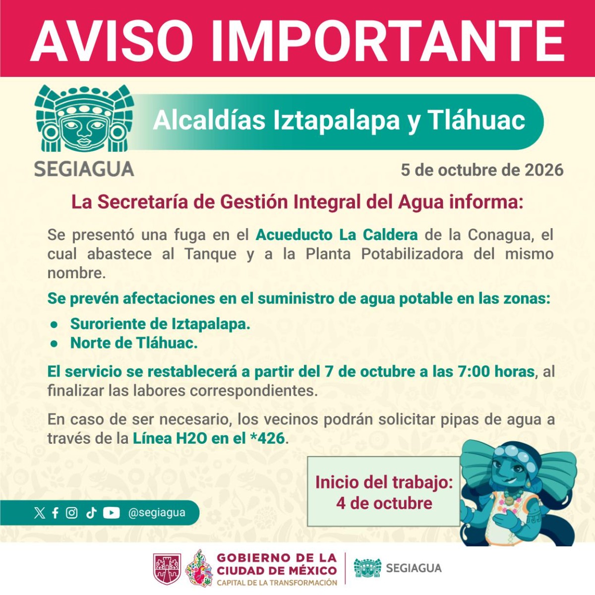 ¡TOMA PRECAUCIONES! ESTAS COLONIAS DE IZTAPALAPA Y TLÁHUAC TENDRÁN CORTE DE AGUA