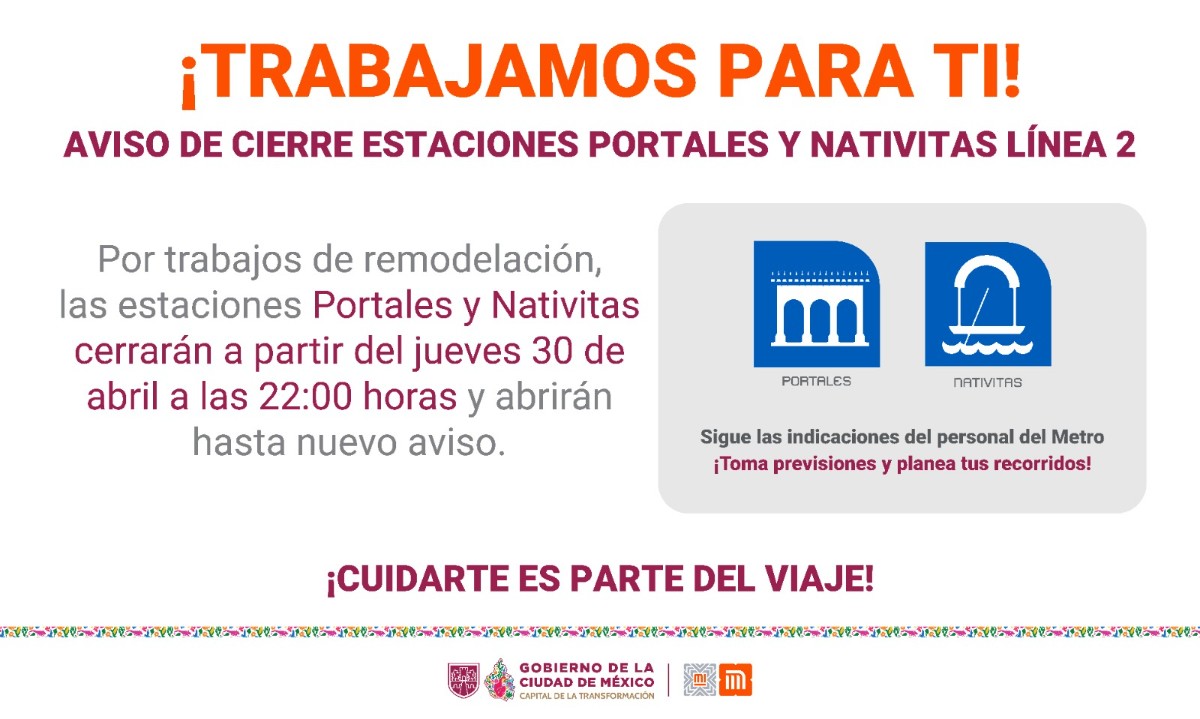 TOMA PRECAUCIONES: LÍNEA 2 DEL METRO OPERARÁ CON SERVICIO PARCIAL DEL 1 AL 3 DE MAYO