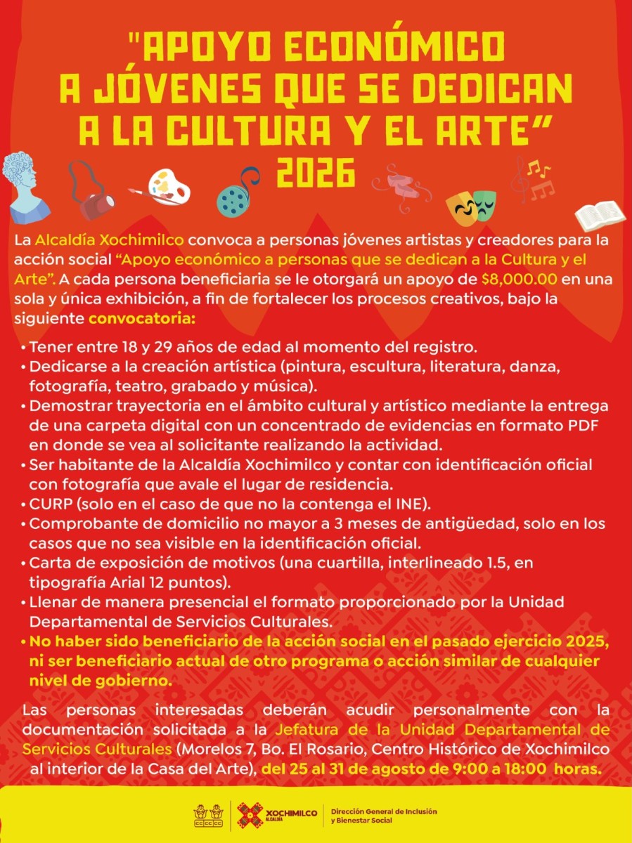 XOCHIMILCO LANZA ESTÍMULO DE $8,000 PESOS PARA JÓVENES CREADORES Y ARTISTAS LOCALES